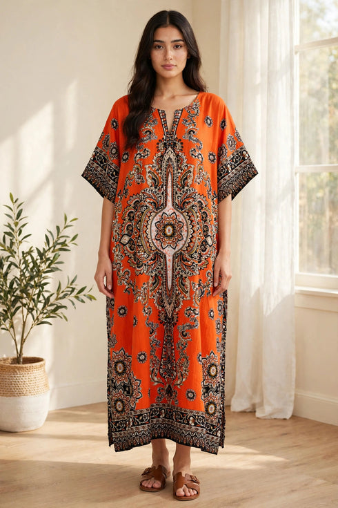 Women’s 100% Cotton African Print Kaftan Dress – Plus Size Dashiki Beach Cover-Up with Pockets
