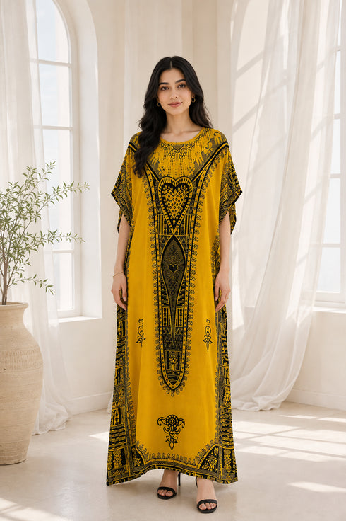 Women’s 100% Cotton African Print Kaftan Dress – Plus Size Long Dashiki Beach Cover-Up