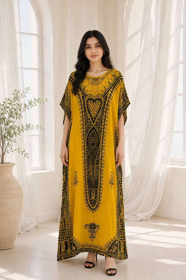 Women’s 100% Cotton African Print Kaftan Dress – Plus Size Long Dashiki Beach Cover-Up