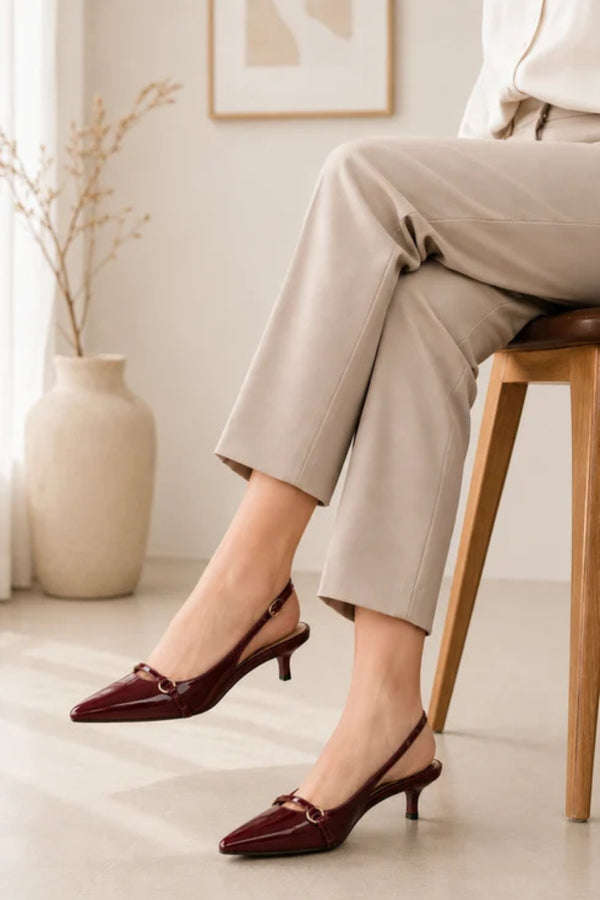 Women's Burgundy Slingback Kitten Heel Pointed Toe Shoes Latex Insole — G-56955-5