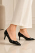 Womens Mid Heels Pointed Toe Party Court Shoes- Black Patent G-923-7