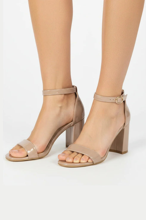 Women's Nude Patent Chunky Block High Heel Ankle Strap Peep Toe Sandals-BS 1810