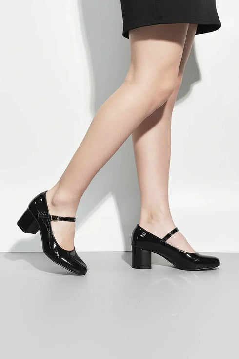 Black Patent Round Toe Block Kitten Heel Shoes – G-1830-4