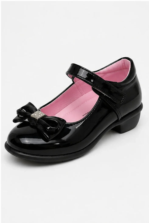 Girls Black Patent Mary Jane School Shoes with Bow-BS-MACHA