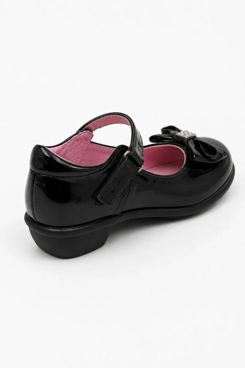 Girls Black Patent Mary Jane School Shoes with Bow-BS-MACHA