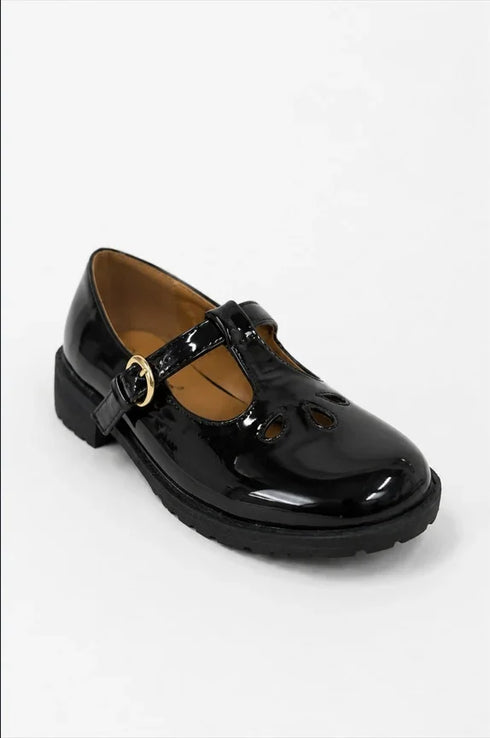 Girls Black Patent Mary Jane School Shoes with Gold Buckle C/S-20