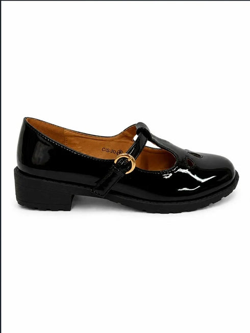 Girls Black Patent Mary Jane School Shoes with Gold Buckle C/S-20