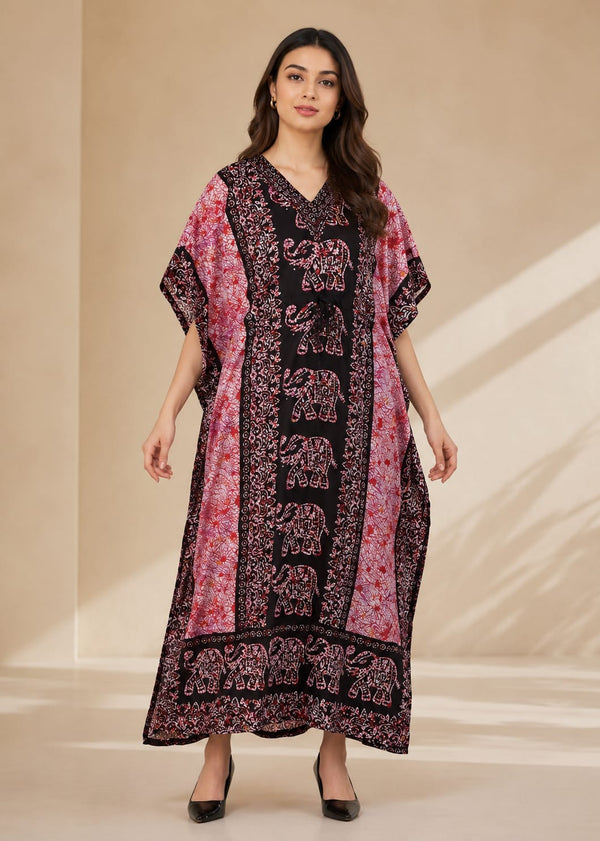 Women’s Elephant Print Kaftan Dress – Plus Size V-Neck Batwing Kimono Beach Cover-Up