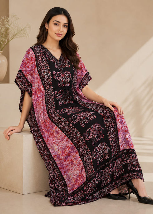 Women’s Elephant Print Kaftan Dress – Plus Size V-Neck Batwing Kimono Beach Cover-Up
