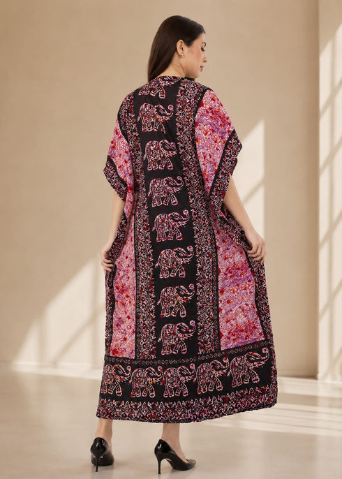 Women’s Elephant Print Kaftan Dress – Plus Size V-Neck Batwing Kimono Beach Cover-Up