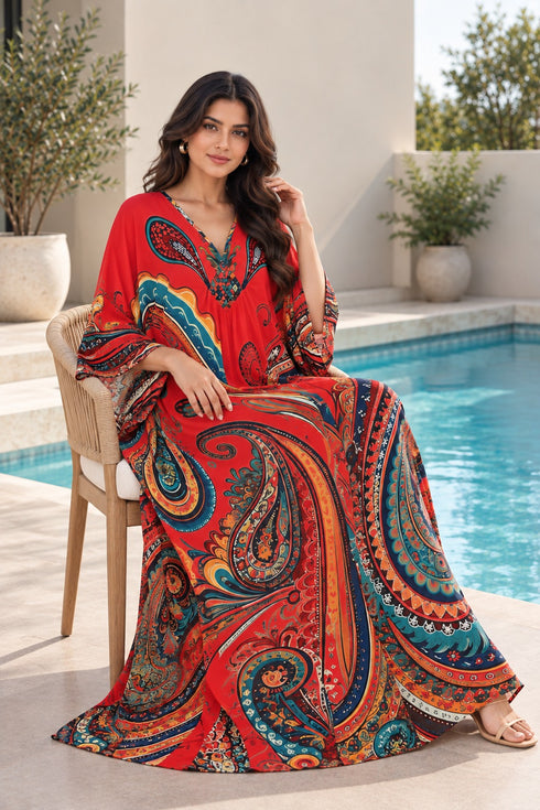 Women’s Red Maxi Kaftan Beach Cover-Up – Relaxed Fit