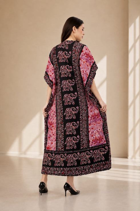 Women’s Elephant Print Kaftan Dress – Plus Size V-Neck Batwing Kimono Beach Cover-Up