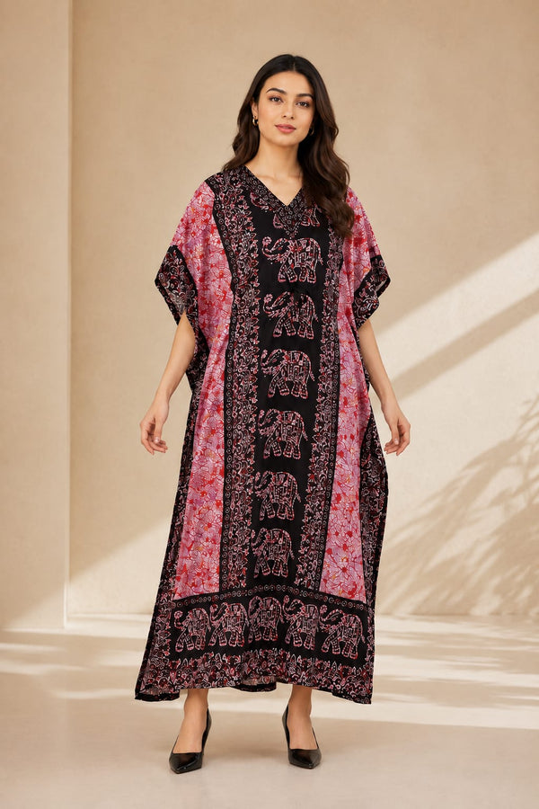 Women’s Elephant Print Kaftan Dress – Plus Size V-Neck Batwing Kimono Beach Cover-Up