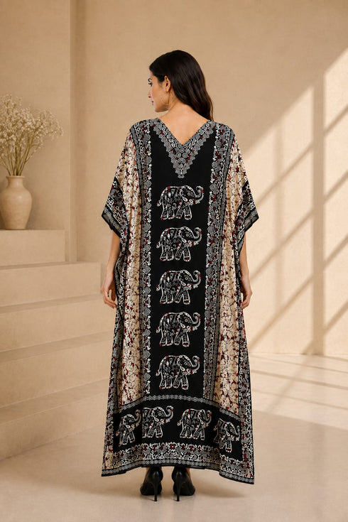 Women’s Pink Elephant Brown Kaftan Dress – Long Free-Size Batwing Maxi Cover-Up with Adjustable Strap