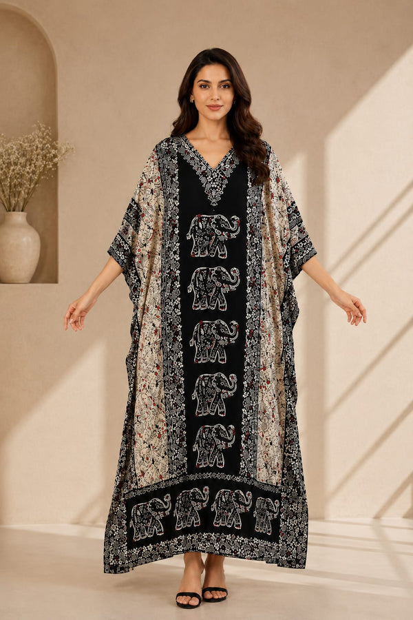 Women’s Pink Elephant Brown Kaftan Dress – Long Free-Size Batwing Maxi Cover-Up with Adjustable Strap