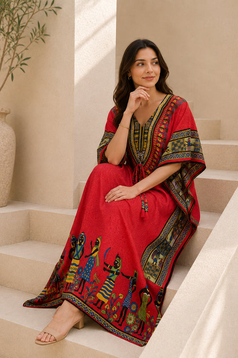 Women’s Tribal Print Kaftan Dress – Free-Size V-Neck Maxi Beach Cover-Up with Batwing Sleeves
