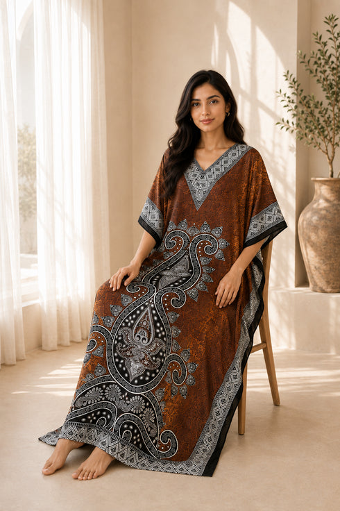Women’s Brown Paisley Kaftan Dress – Loose V-Neck Maxi Beach and Swimwear Cover-Up