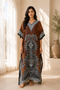Women’s Brown Paisley Kaftan Dress – Loose V-Neck Maxi Beach and Swimwear Cover-Up