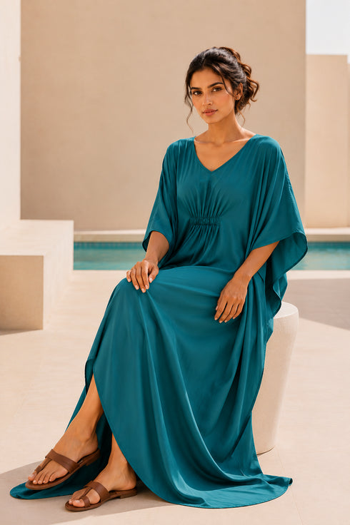Women’s Cotton-Blend Plus Size Kaftan Dress – Solid Colour Maxi Beach and Bikini Cover-Up