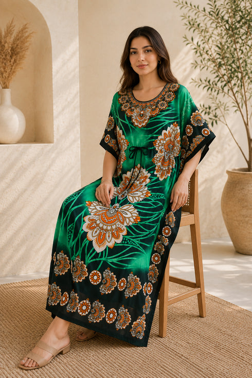 PMOYO Women’s Lotus Print Kaftan Dress – Free-Size Boho Maxi Beach Cover-Up with Drawstring Waist