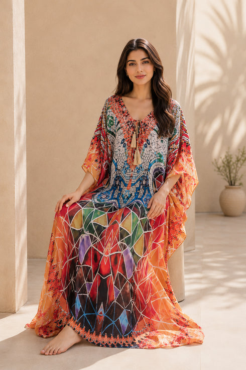 Women’s Tropical Print Maxi Kaftan Dress – Long Summer Beach and Swimwear Cover-Up
