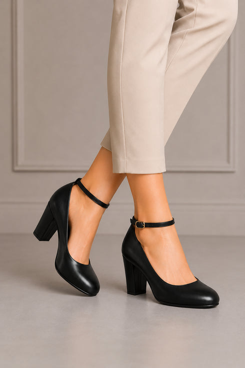 Women's Black Matte Ankle Strap Block Heel Court Shoes Round Toe 1829