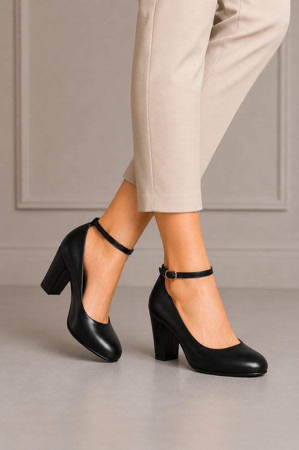 Women's Black Matte Ankle Strap Block Heel Court Shoes Round Toe 1829