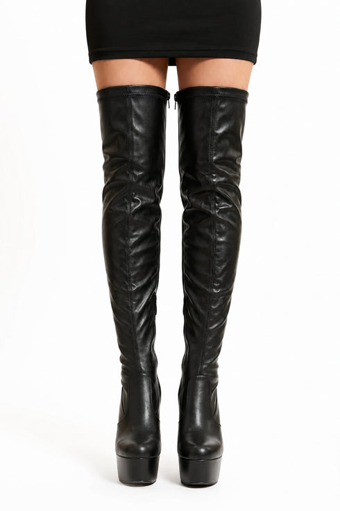 Women's Black Thigh High Over The Knee Platform Stiletto Boots Synthetic Leather Zip G-777