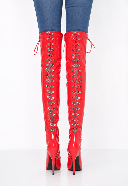 Women's Red Thigh High Over The Knee Stiletto Boots Faux Leather Back Lace Up G-748