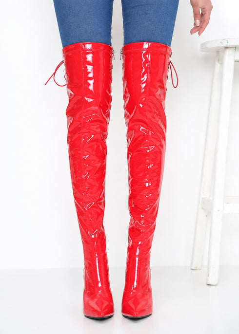 Women's Red Thigh High Over The Knee Stiletto Boots Faux Leather Back Lace Up G-748