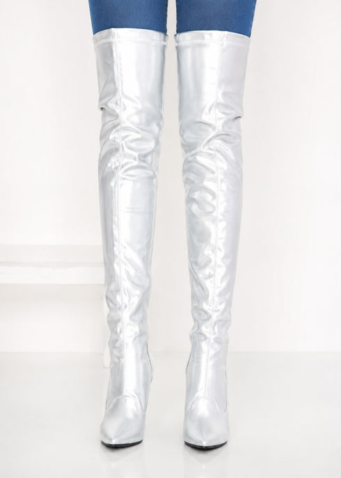 Women's Silver Thigh High Over The Knee Stiletto Boots Faux Leather Zip G-051