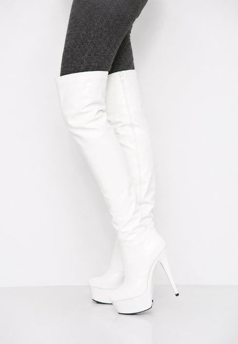 Women's White Thigh High Over The Knee Platform Stiletto Boots Synthetic Leather Zip G-777