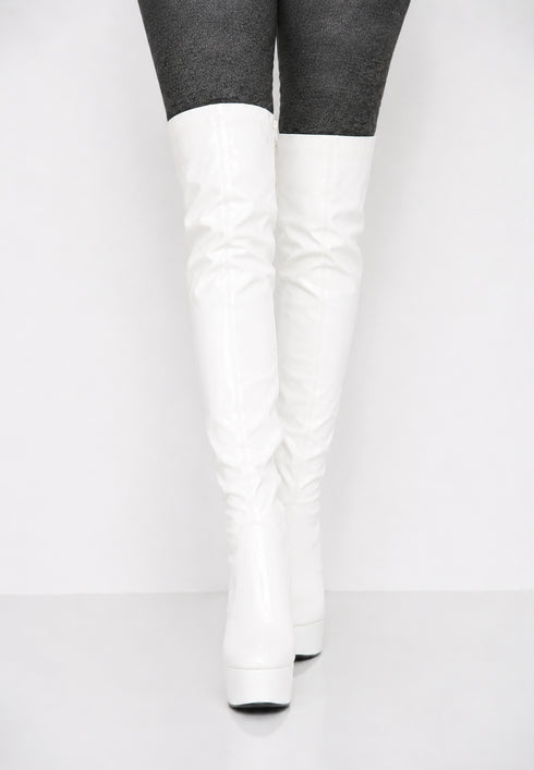 Women's White Thigh High Over The Knee Platform Stiletto Boots Synthetic Leather Zip G-777