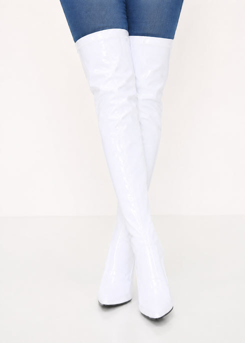 Women's White Thigh High Over The Knee Stiletto Boots Faux Leather Zip G-051