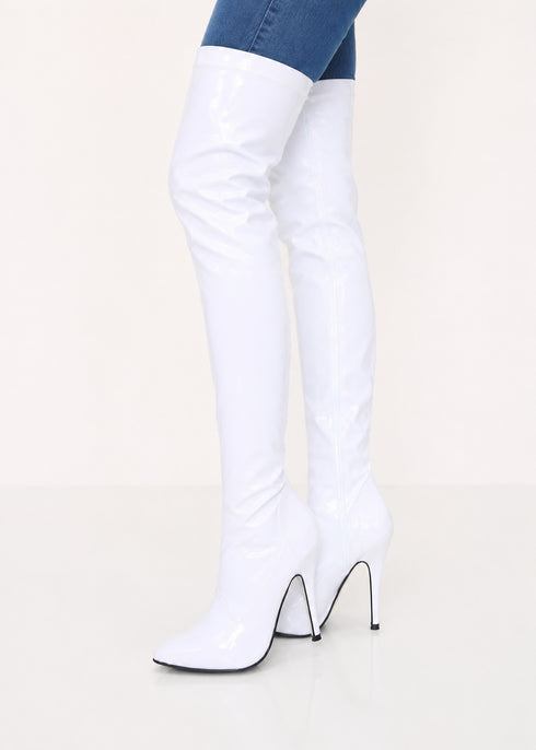 Women's White Thigh High Over The Knee Stiletto Boots Faux Leather Zip G-051