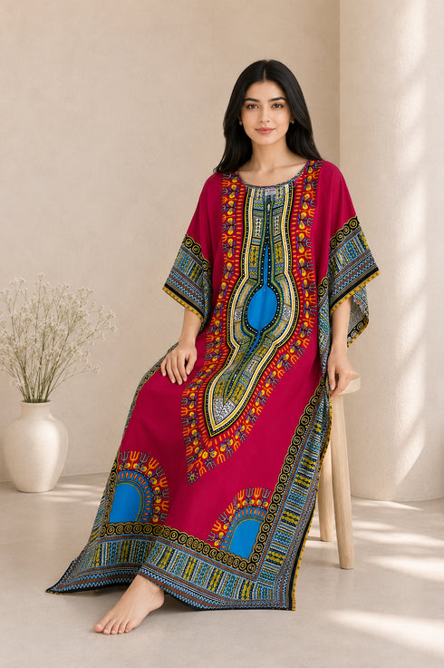 Women’s 100% Cotton African Print Kaftan Dress – Plus Size Dashiki Beach Cover-Up with Pockets