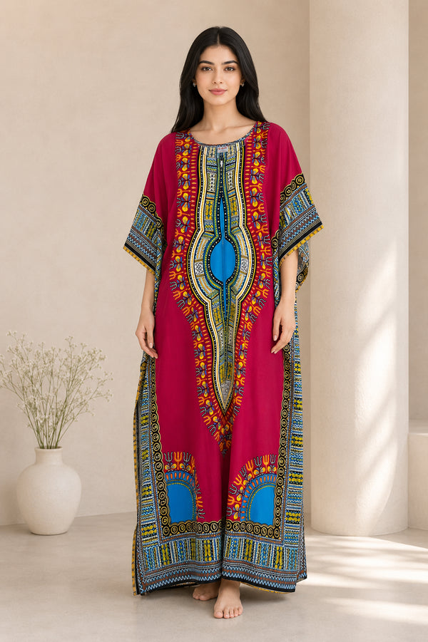 Women’s 100% Cotton African Print Kaftan Dress – Plus Size Dashiki Beach Cover-Up with Pockets