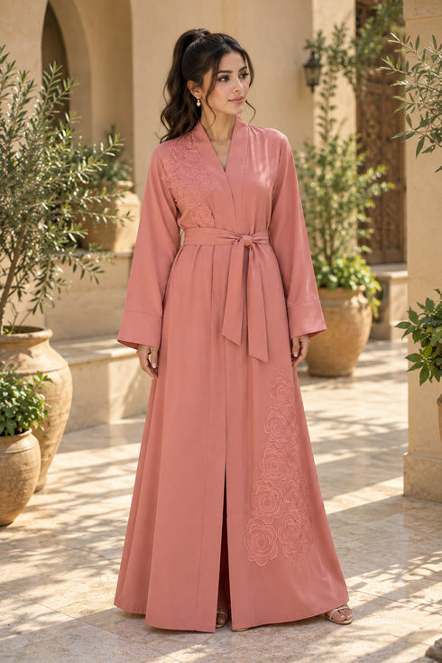 Women’s Coral Pink Floral Embroidered Abaya Maxi Dress with Belt