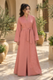 Women’s Coral Pink Floral Embroidered Abaya Maxi Dress with Belt