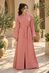 Women’s Coral Pink Floral Embroidered Abaya Maxi Dress with Belt