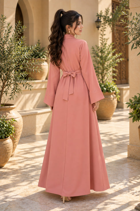 Women’s Coral Pink Floral Embroidered Abaya Maxi Dress with Belt