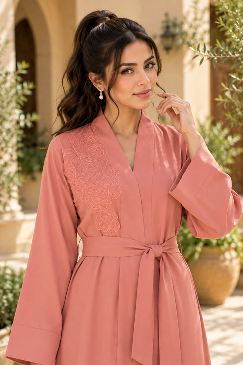 Women’s Coral Pink Floral Embroidered Abaya Maxi Dress with Belt