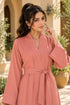 Women’s Coral Pink Floral Embroidered Abaya Maxi Dress with Belt