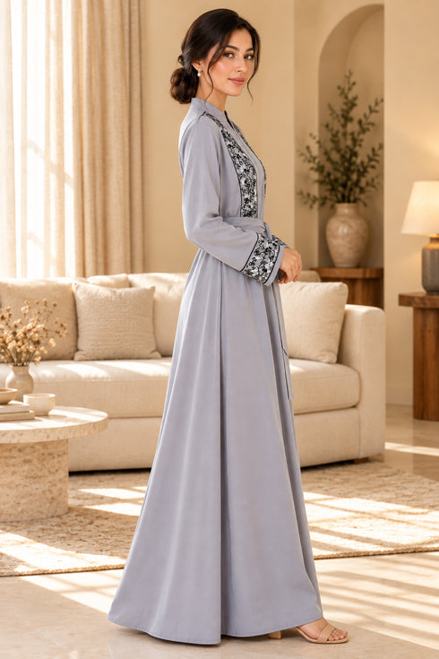 Women’s Light Grey Embroidered Abaya Maxi Dress with Belt