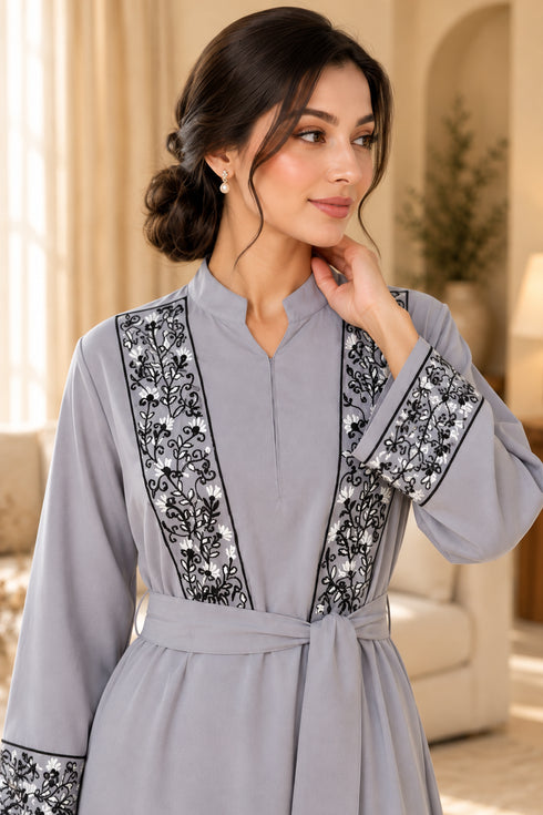 Women’s Light Grey Embroidered Abaya Maxi Dress with Belt