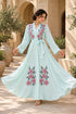 Women’s Mint Floral Embroidered Maxi Dress with Long Sleeves and Belt