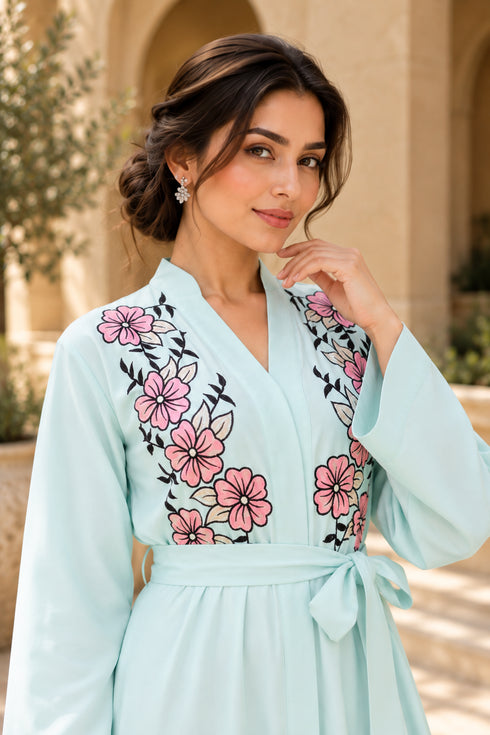 Women’s Mint Floral Embroidered Maxi Dress with Long Sleeves and Belt