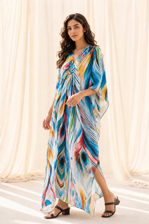 Women’s Soft Boho Print Kaftan Dress – Long V-Neck Beach and Swimwear Cover-Up