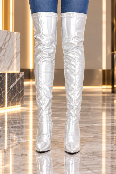 Women's Silver Thigh High Over The Knee Stiletto Boots Faux Leather Zip G-051