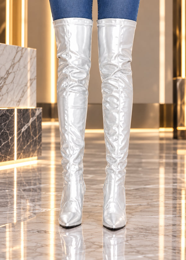 Women's Silver Thigh High Over The Knee Stiletto Boots Faux Leather Zip G-051